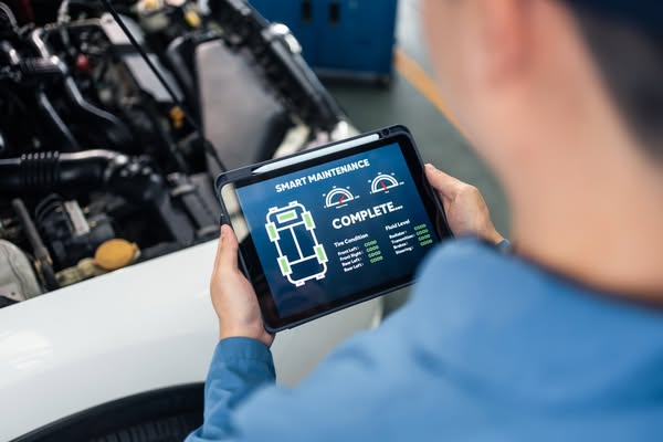 This ad shows a mechanic using a tablet to perform a smart maintenance check on a car. The tablet displays the car's