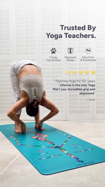 This ad for Liforme yoga mats highlights that the mats are trusted by yoga teachers and have features like a grippy top 