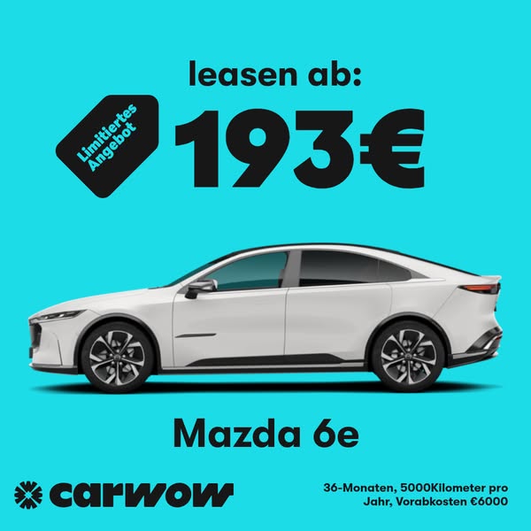 This image ad promotes leasing a Mazda 6e for €193. It features a black tag that says 'Limited Offer' and includ