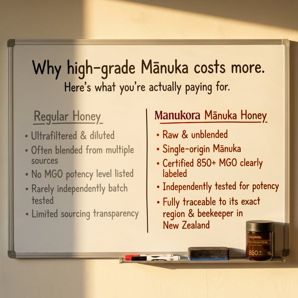 This ad uses a whiteboard to compare features in regular honey and Manukora Mānuka honey, highlighting the reasons why M