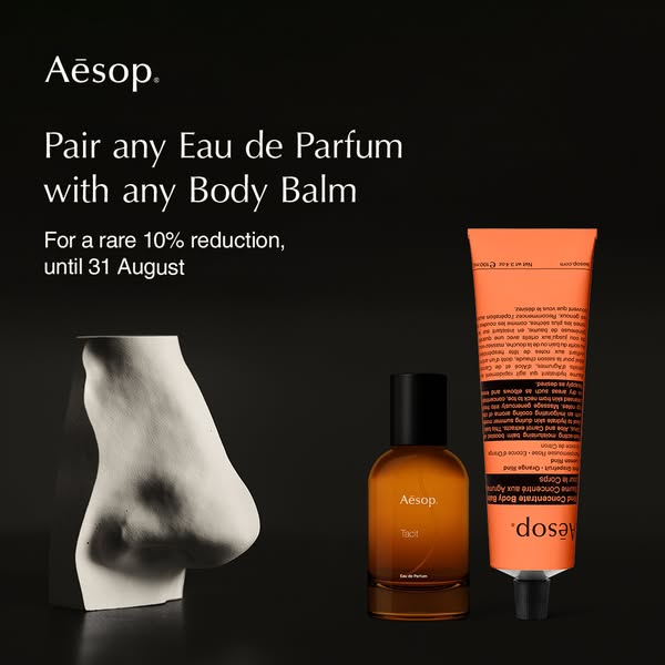 This ad promotes a limited-time offer from Aesop that allows customers to pair any Eau de Parfum with any Body Balm for 