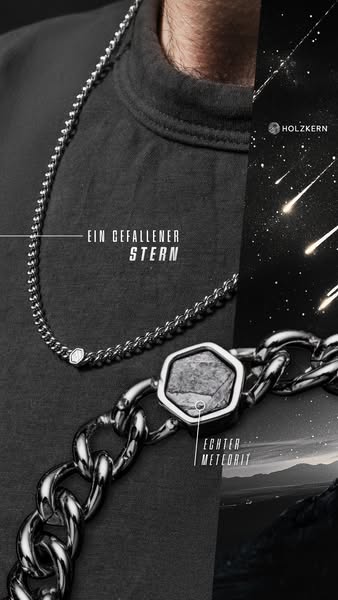 This ad features a metal chain necklace with a meteorite pendant, set against a backdrop that transitions from a close-u