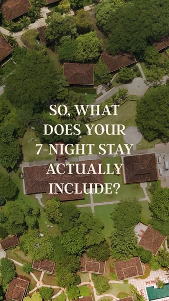 This ad shows the overhead view of a vacation resort with text overlay, encouraging the viewer to learn more about what 