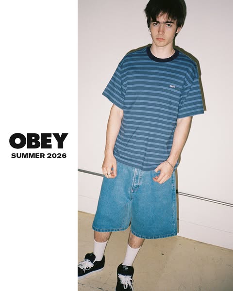 An ad for OBEY clothing presents a model wearing a striped t-shirt and jean shorts. The brand name and tagline are on th