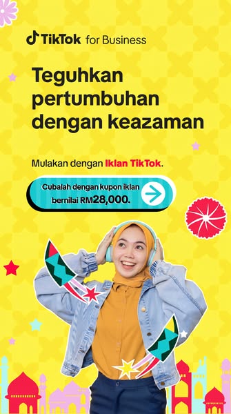 This TikTok for Business ad features a woman with headphones on a yellow background promoting business ads. The ad featu