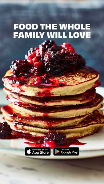 This image ad promotes a food-related app. The ad features a stack of pancakes topped with berries and syrup, aiming to 
