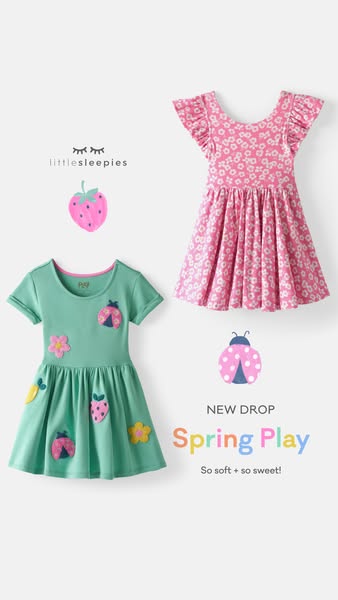 This ad for Little Sleepies displays two dresses from their new spring play line for children. A mint-green dress with a