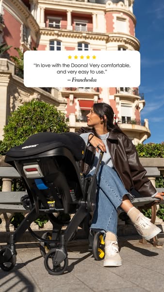This ad features a testimonial from a customer about the Doona car seat stroller. The ad shows a woman sitting on a benc