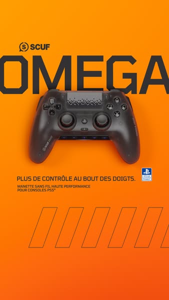 This image ad for SCUF Gaming promotes its Omega wireless controller for Playstation 5. The ad features a detailed produ
