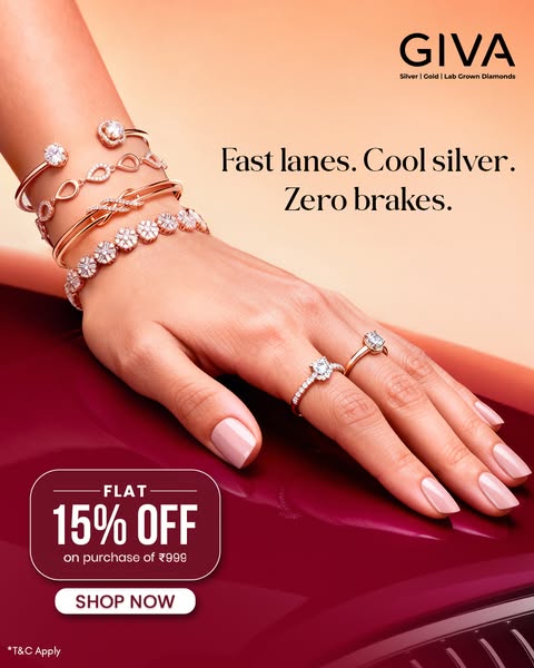 This image ad for GIVA features a hand adorned with silver and diamond jewelry, positioned against a backdrop that trans