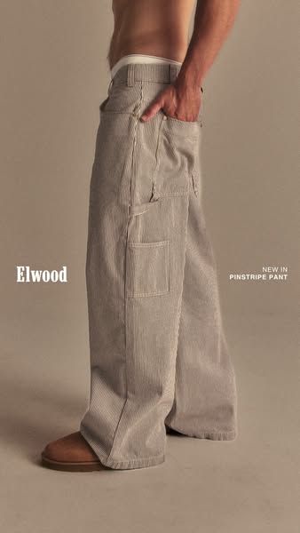 This ad features the Elwood brand pinstripe pants on a model. The ad aims to highlight the new product and drive sales.