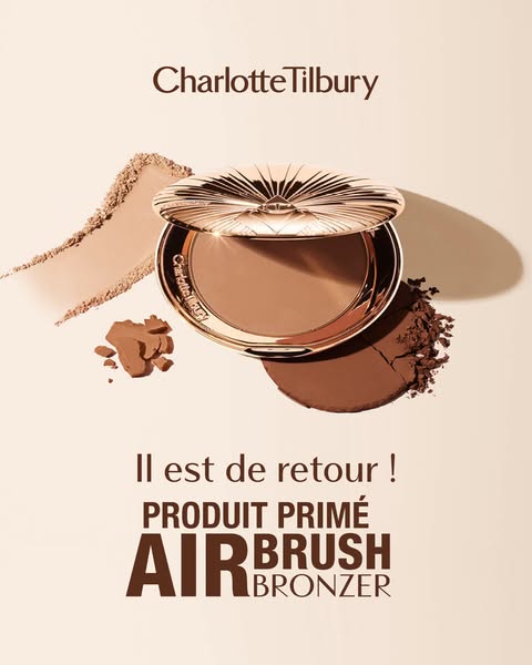 This image ad showcases the Charlotte Tilbury Airbrush bronzer. The product is displayed with loose pigment, highlightin