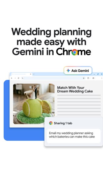 This ad promotes Gemini AI tool integrated into Google Chrome to assist with wedding planning. It shows a screenshot of 