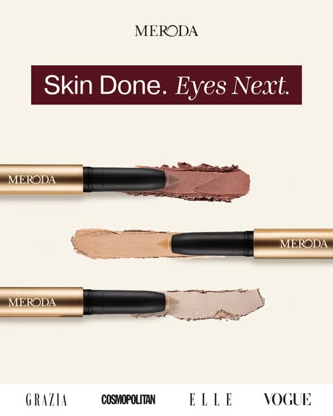 This image ad showcases Meroda's eyeshadow sticks. The ad has a minimalist aesthetic and includes different shades o