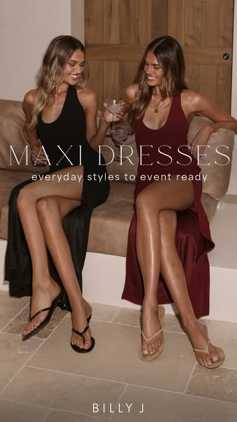 This image ad for Billy J features two women wearing maxi dresses. One woman is wearing a black maxi dress while the oth