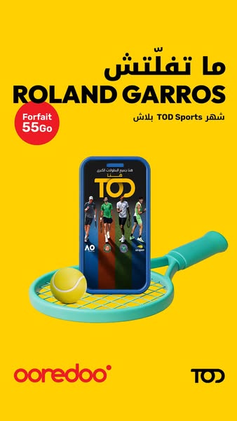 This ad promotes Ooredoo's offer of free TOD Sports access and 55Go of data to watch the Roland Garros tennis tourna