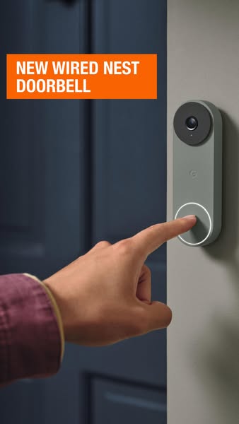 This ad showcases the new wired Nest Doorbell. It features a close-up of the product being installed and used.