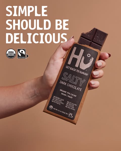 This ad for Hu chocolate highlights the brand's positioning around simple, delicious ingredients and organic certifi