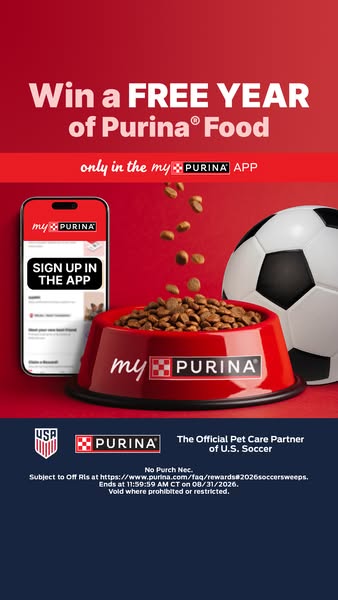 This image advertises a sweepstakes where people can win a free year of Purina dog food by signing up in the MyPurina ap
