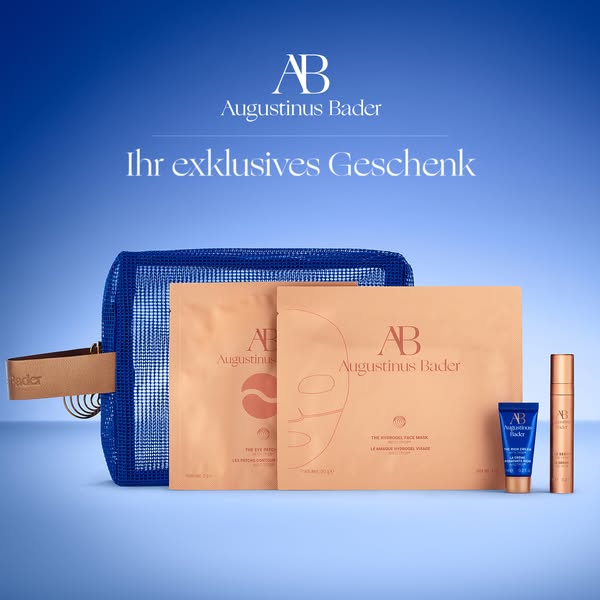 This ad features a collection of Augustinus Bader skincare products, including face masks, eye patches, face cream, and 