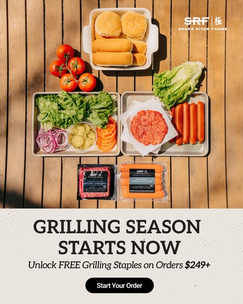 This image ad for Snake River Farms showcases their grilling staples, including hamburger patties, hot dogs, buns, and f