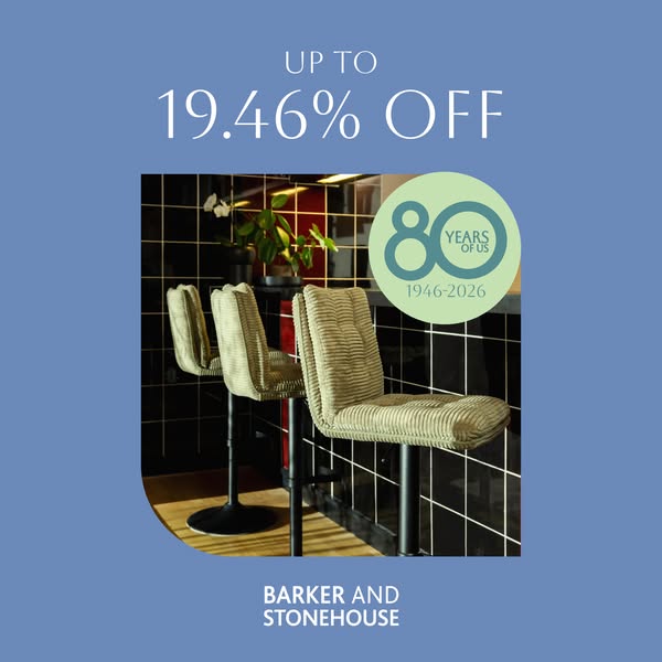 This image ad promotes Barker and Stonehouse's anniversary sale, featuring a discount on bar stools.