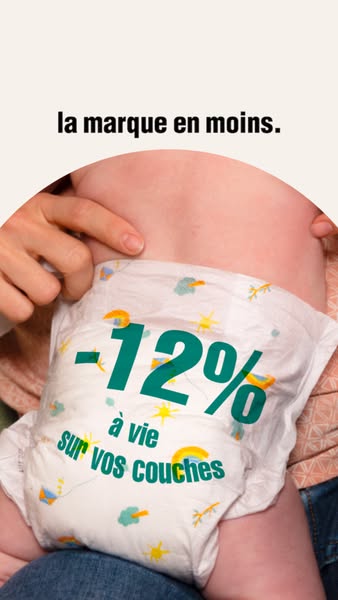 The image shows a baby wearing a diaper with the offer of 12% off. The text reads 'the brand for less' and '