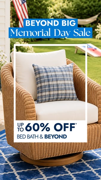 The image ad promotes Bed Bath & Beyond's Memorial Day Sale with an outdoor furniture setting to create a cozy a