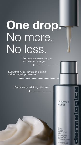 A close-up shot features Dermalogica's Futurecode Booster. The copy highlights the auto-dropper, precision dosing, N