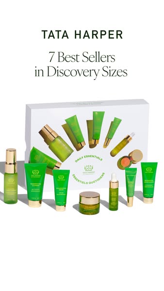 This image ad showcases seven best-selling Tata Harper skincare products in discovery sizes. The ad highlights the brand