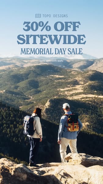 This ad for Topo Designs promotes a sitewide Memorial Day sale. It shows a couple on a scenic overlook, both wearing Top