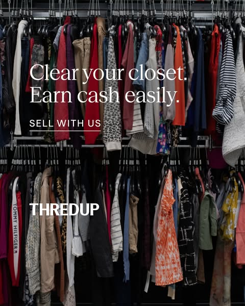 This ad promotes ThredUp as an easy way to clear out unwanted clothing and earn money by selling them.