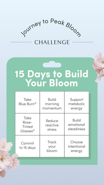 This ad promotes a 15-day "Journey to Peak Bloom" challenge that involves taking the company's Blue Burn s