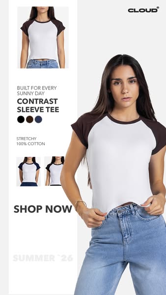 This ad for Cloud features a woman modeling the Contrast Sleeve Tee. The ad highlights the tee's design and material