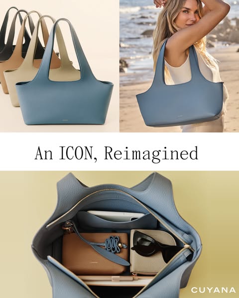 This ad features an image split into three sections. The top left shows several different colors of a Cuyana leather bag