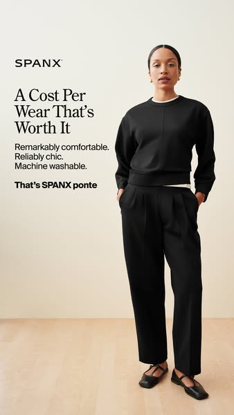 This Spanx ad features a woman wearing a black ponte top and black ponte pants. The text emphasizes the comfort, style, 