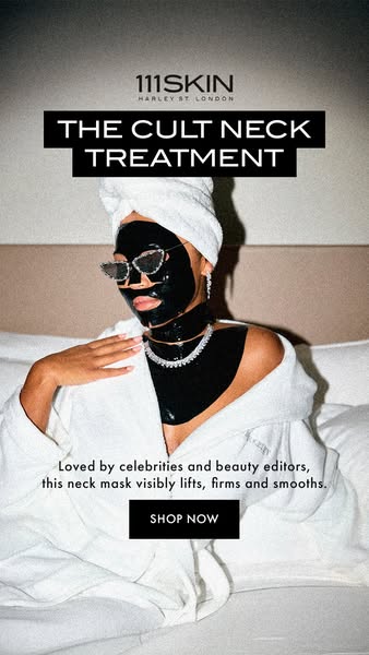 An image ad for 111SKIN promoting their cult neck treatment mask that lifts, firms, and smooths.