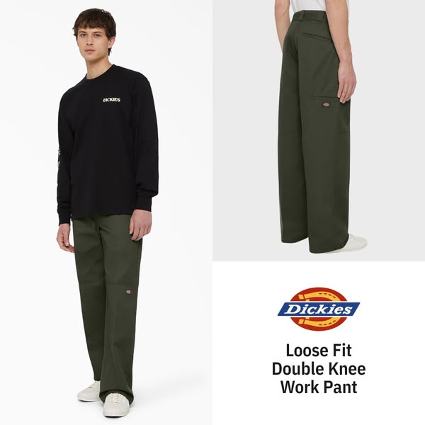 This ad showcases Dickies Loose Fit Double Knee Work Pants. The ad features a model wearing the pants with a long sleeve