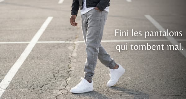 This ad shows a man walking in a parking lot to showcase jeans. The ad's headline states that the jeans will no long