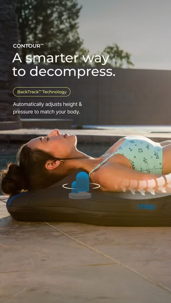This image ad showcases the Contour pillow, emphasizing its BackTrack Technology, which automatically adjusts height and