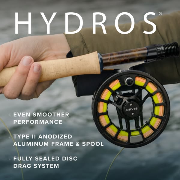 This ad for the Orvis Hydros fly fishing rod and reel highlights the product's performance and features.
