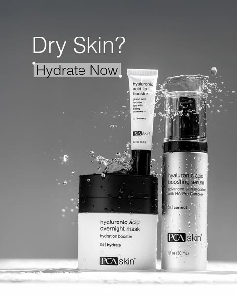 This ad for PCA Skin targets individuals with dry skin, highlighting their hyaluronic acid-based products to provide int