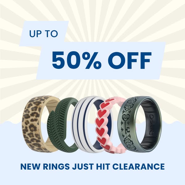 This ad promotes silicone rings, highlighting a sale offering up to 50% off. The image features multiple ring designs an