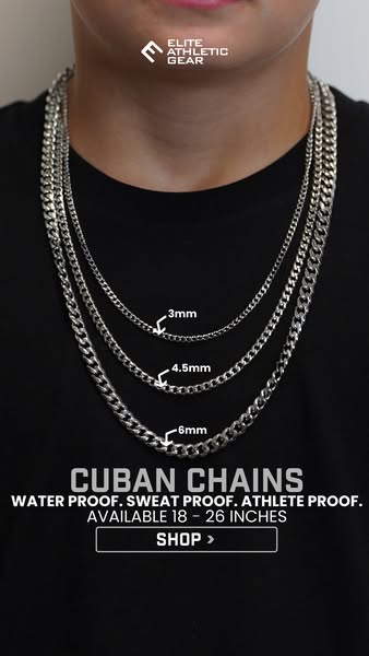 This ad features a person wearing three Elite Athletic Gear Cuban chains of varying thicknesses to showcase the differen