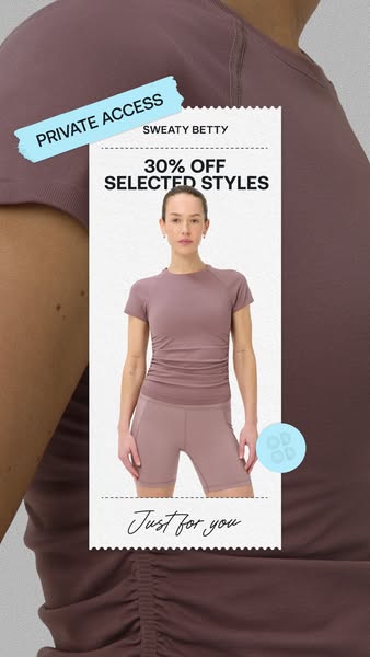 This image ad promotes Sweaty Betty activewear, specifically highlighting a 30% off sale on selected styles. It features