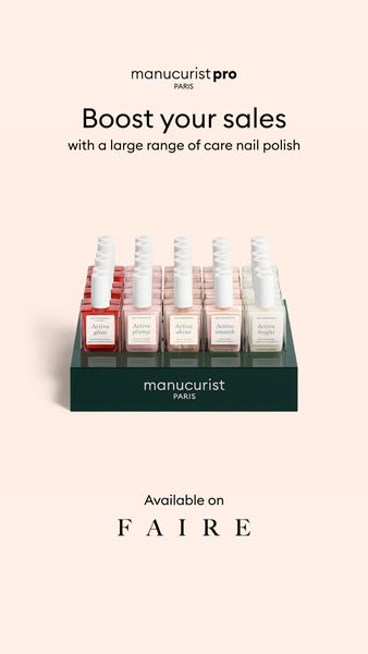 This image ad for Manucurist Pro promotes the brand's care nail polish, emphasizing its availability on the Faire pl