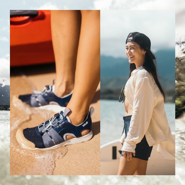 This Teva image ad uses a split-screen format to showcase the versatility and comfort of their water shoes. The ad empha