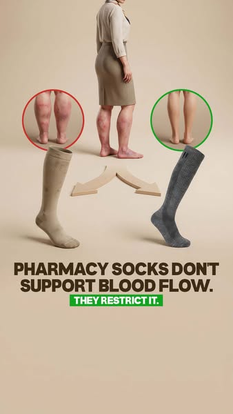 The image ad compares the effects of wearing pharmacy socks versus wearing the advertised brand of compression socks by 