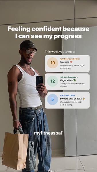 The ad features a creator who uses MyFitnessPal to track what they eat throughout the week. The ad is styled to look lik