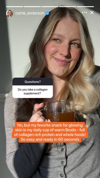 An ad showing an influencer drinking a cup of Brodo. She addresses a question about collagen supplements, pivoting to pr